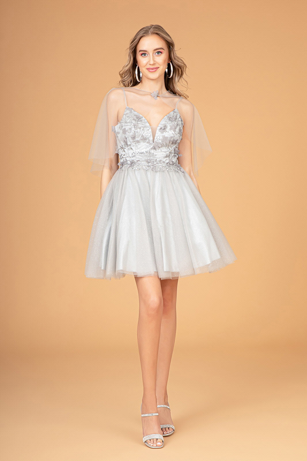 3D Flower Applique Embellished Short Mesh Homecoming Gown w/ Short Cape GLGS3089
