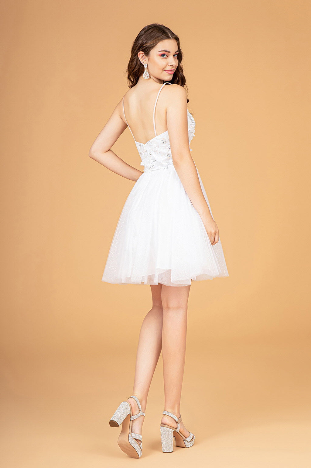 3D Flower Applique Embellished Short Mesh Homecoming Gown w/ Short Cape GLGS3089