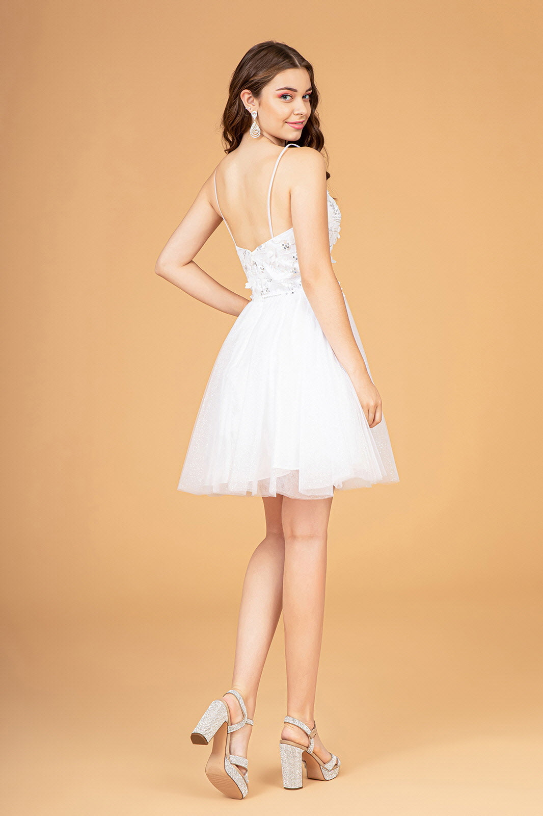 3D Flower Applique Embellished Short Mesh Homecoming Gown w/ Short Cape GLGS3089