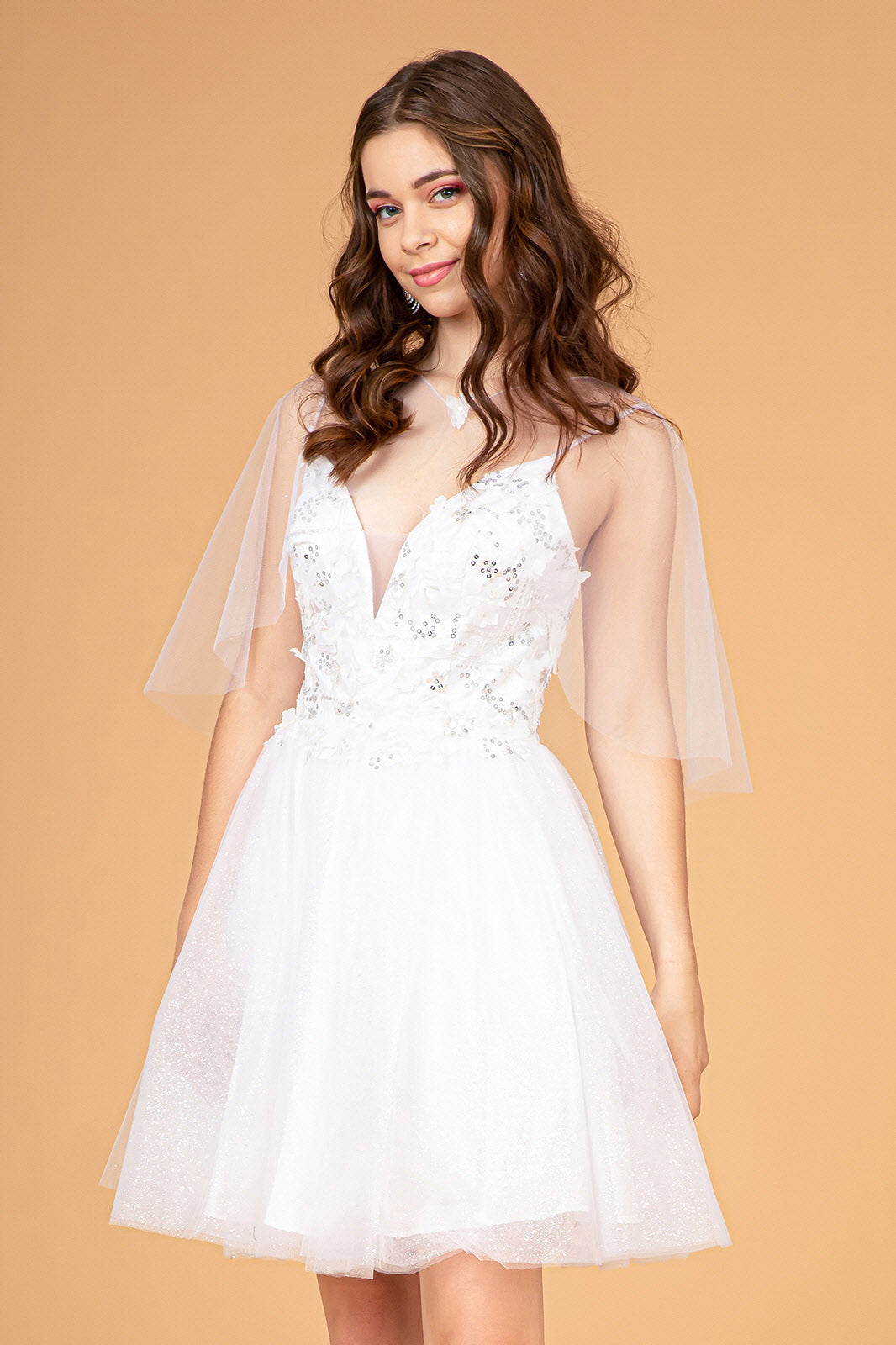 3D Flower Applique Embellished Short Mesh Homecoming Gown w/ Short Cape GLGS3089