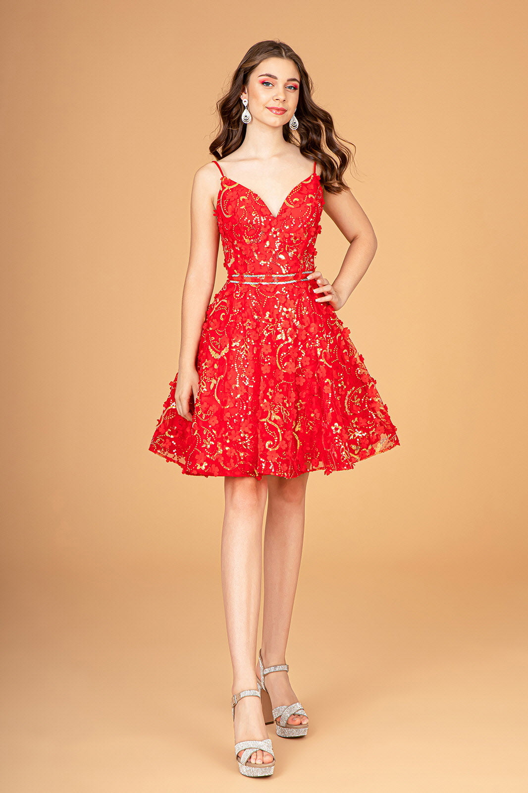 Charming Babydoll Homecoming Dress w/ 3D Flower Appliques & Short Flare Skirt GLGS3091