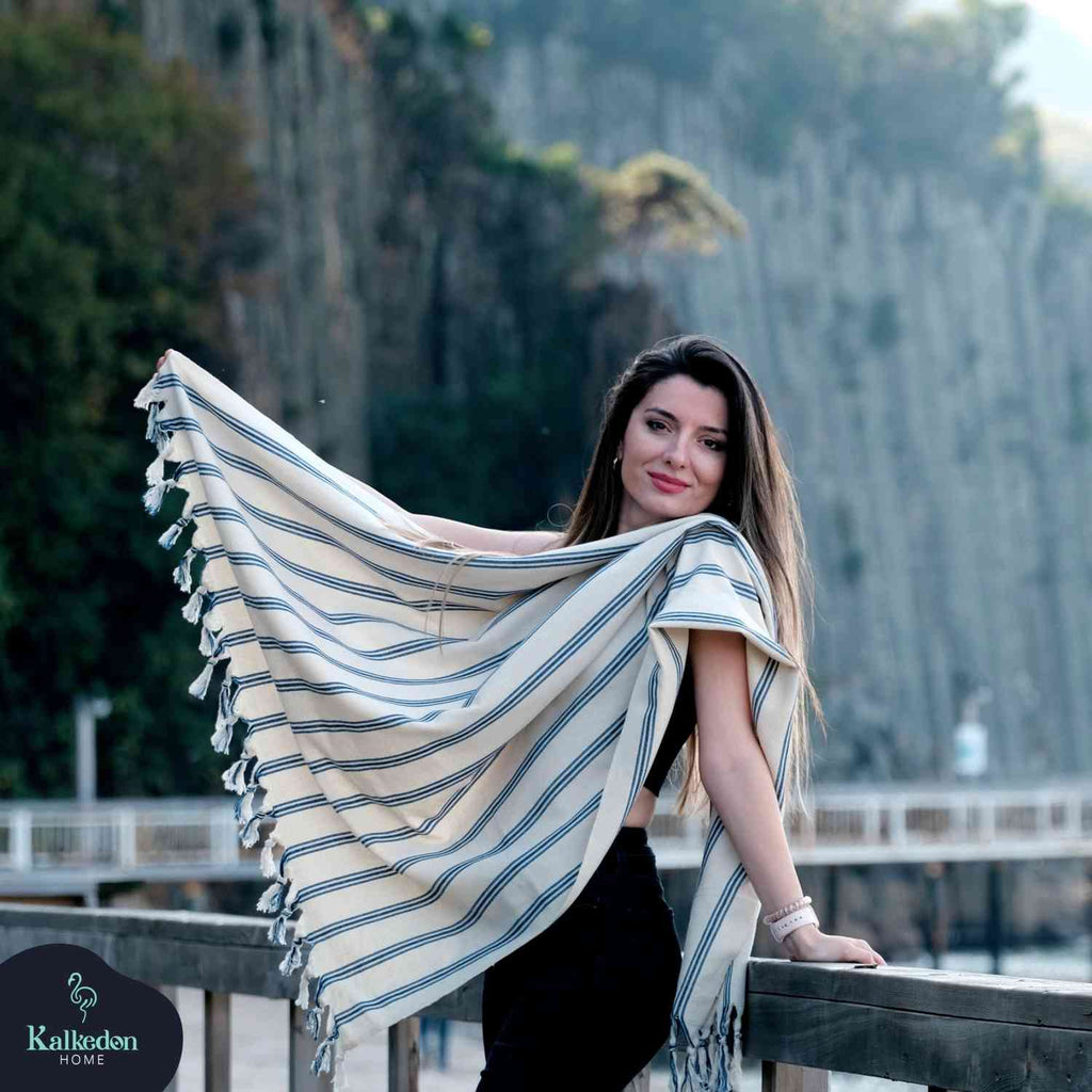 Dark Blue Striped Handwoven Turkish Towel