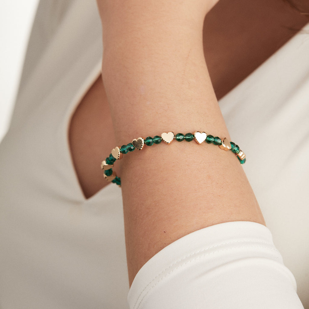 Gold Heart And Emerald Crystal Beaded Bangle