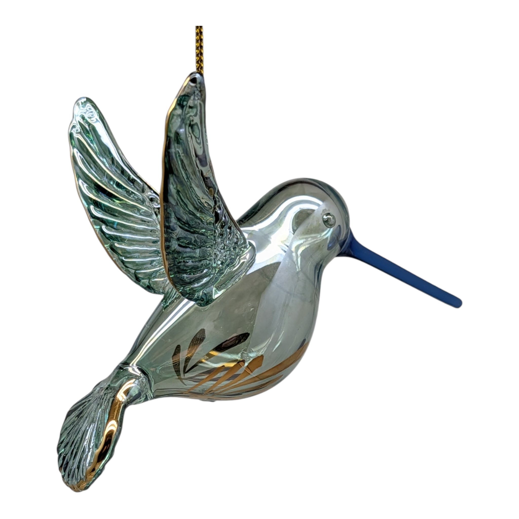 Gold Etched Glass Hummingbird Ornament - Green with Blue Beak