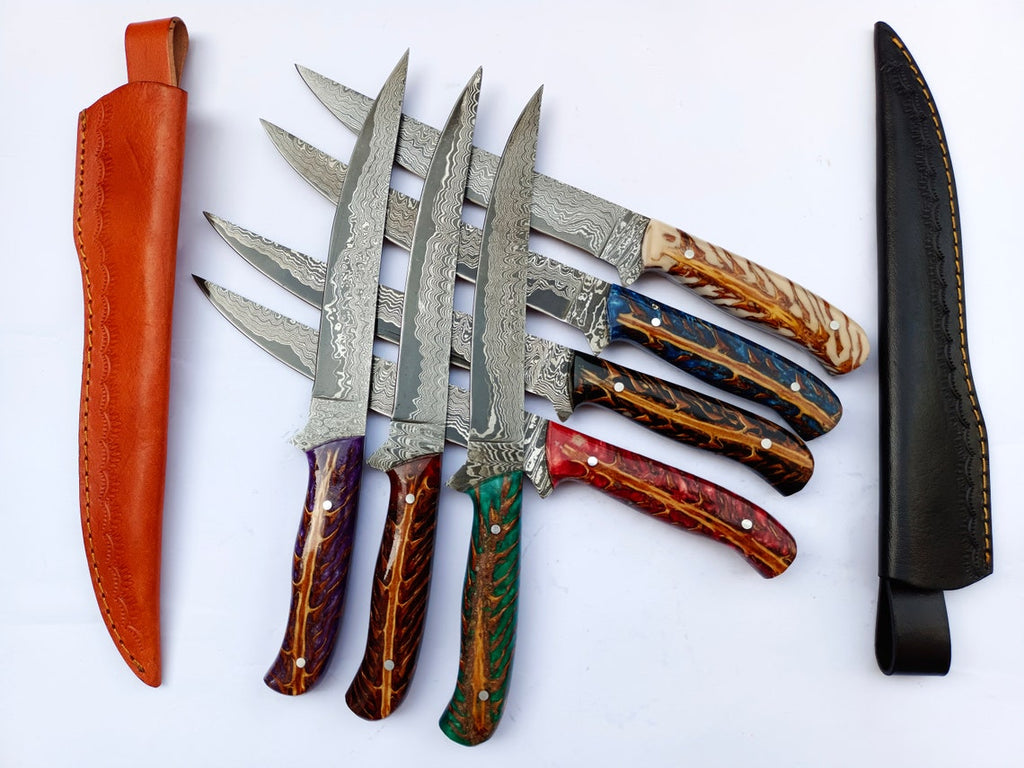 Custom Handmade Damascus Steel Fillet Knife with Epoxy Resin Pine Cone Handle - 13 Inch Length with Leather Sheath
