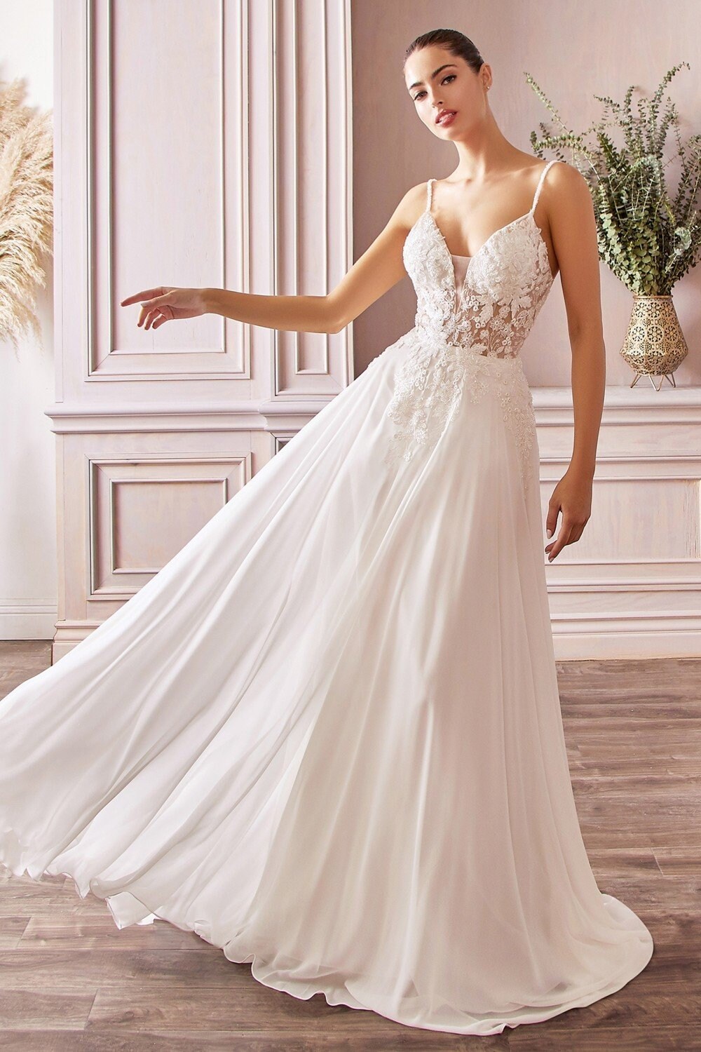A-line Chiffon Vintage Bridal Gown | Beaded Embellished Floral Bodice | Appliqué Wedding Gown | Sensual V-neck Open Back | CDTY11