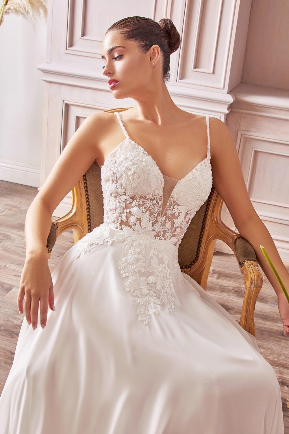 A-line Chiffon Vintage Bridal Gown | Beaded Embellished Floral Bodice | Appliqué Wedding Gown | Sensual V-neck Open Back | CDTY11