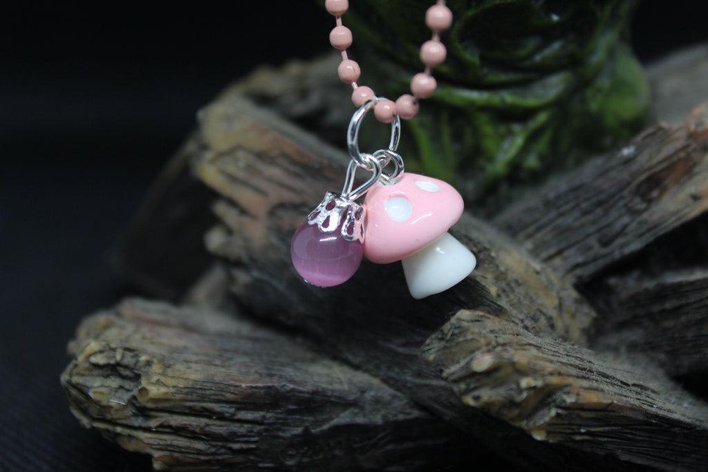 Pink Cats Eye Mushroom Keychain Charm Zipper Pull Crystal Witch Witchy Jewelry Witchcraft