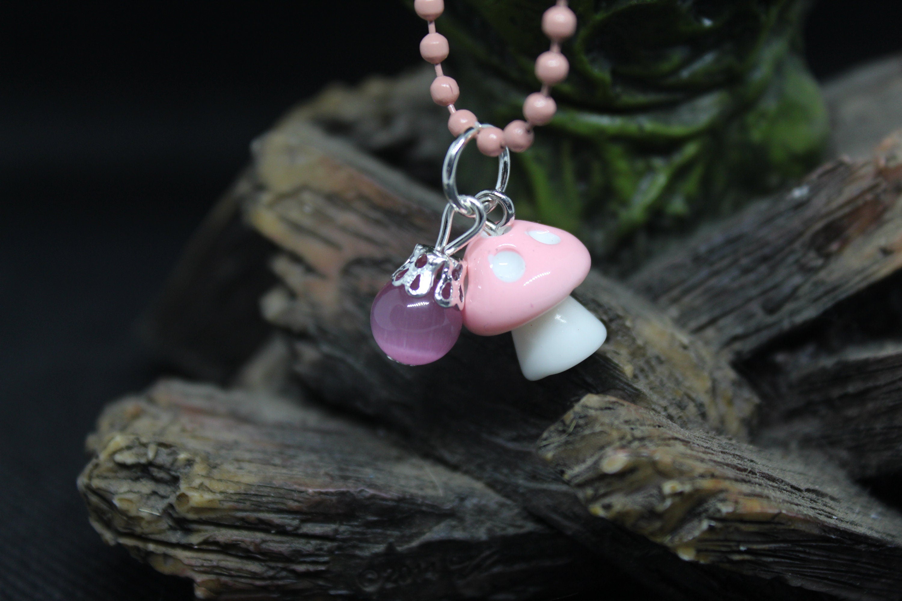 Pink Cats Eye Mushroom Keychain Charm Zipper Pull Crystal Witch Witchy Jewelry Witchcraft