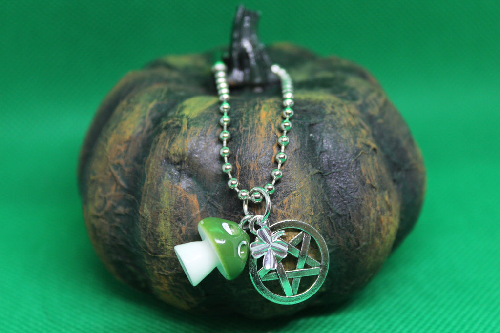 Green Mushroom Clover Pentacle Keychain Charm Zipper Pull Crystal Witch Witchy Jewelry Witchcraft Metaphysical