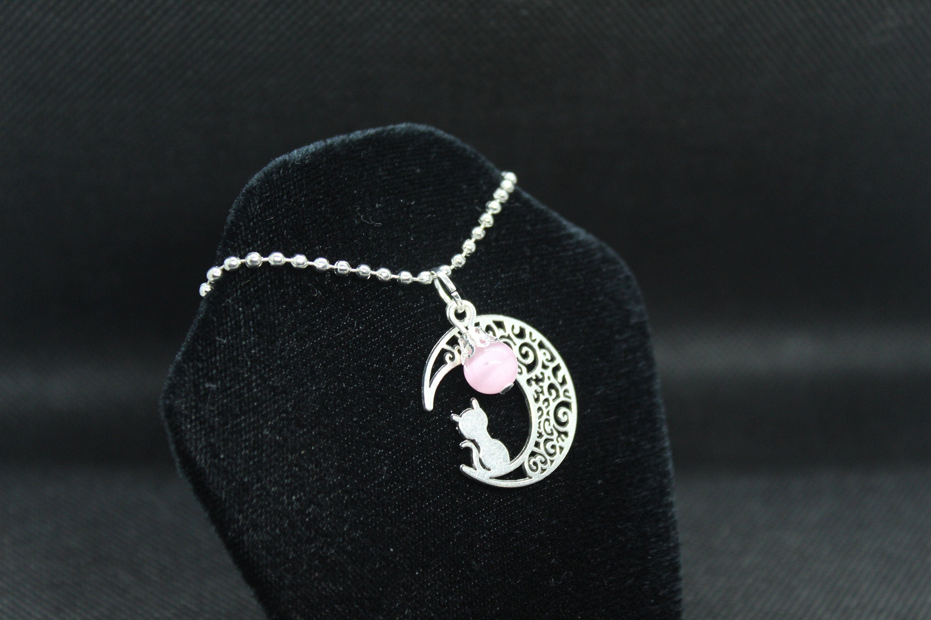 Pink Moon Cat Necklace Crystal Witch Witchy Jewelry Witchcraft Wicca Wiccan Pagan Metaphysical
