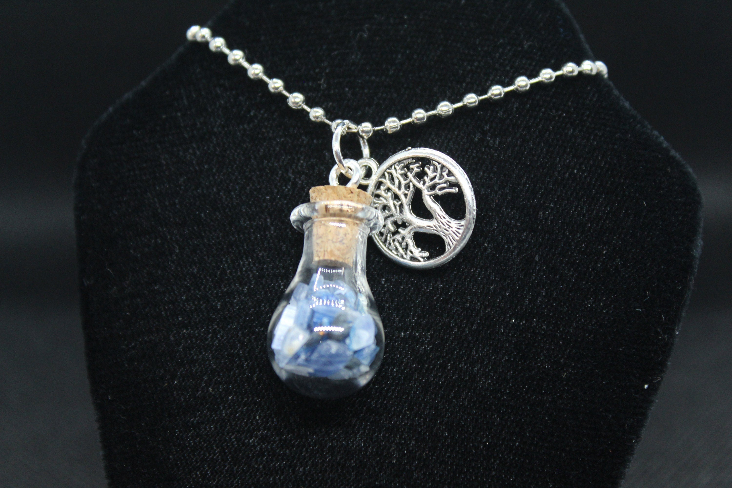 Blue Kyanite Glass Potion Bottle Tree of Life Necklace Crystal Witch Witchy Jewelry Witchcraft Wicca Wiccan Pagan Metaphysical