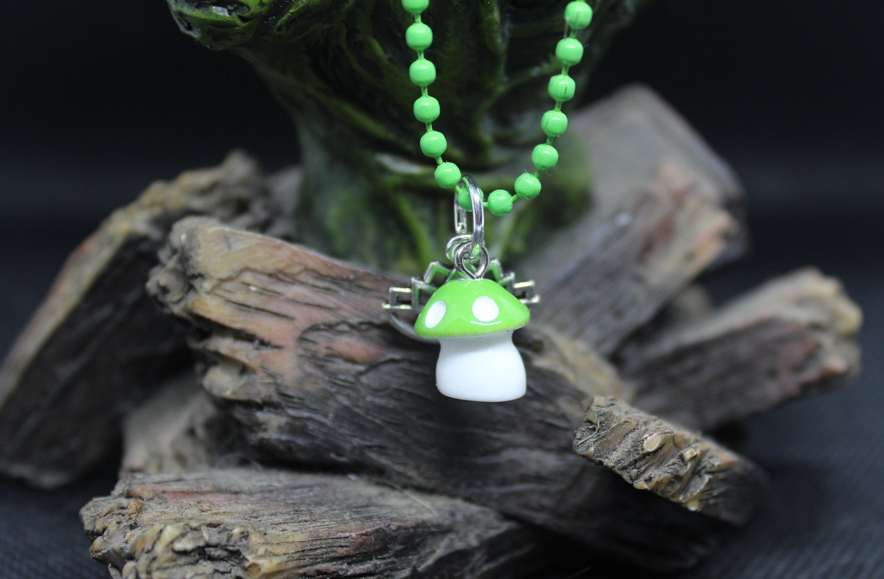 Green Mushroom Lotus Keychain Charm Zipper Pull Crystal Witch Witchy Jewelry Witchcraft Metaphysical