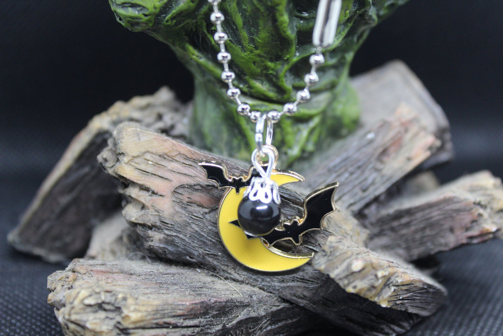 Black Cats Eye Bat Moon Necklace Crystal Witch Witchy Jewelry Witchcraft Wicca Wiccan Pagan Metaphysical