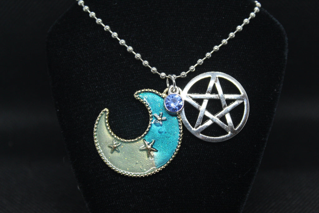Blue Moon Pentacle Necklace Crystal Witch Witchy Jewelry Witchcraft Wicca Wiccan Pagan Metaphysical