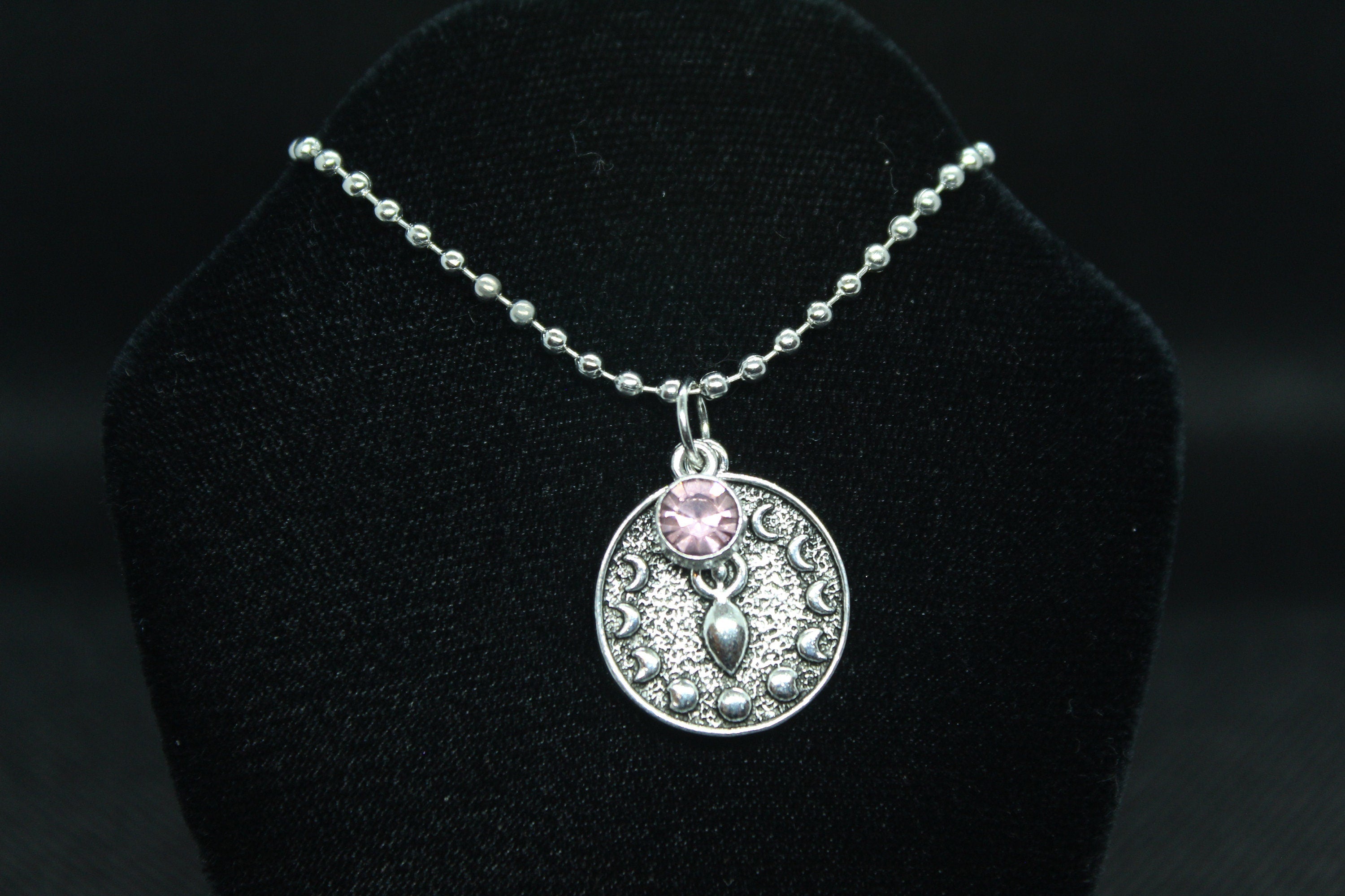 Pink Mother Goddess Moon Phase Necklace Crystal Witch Witchy Jewelry Witchcraft Wicca Wiccan Pagan Metaphysical