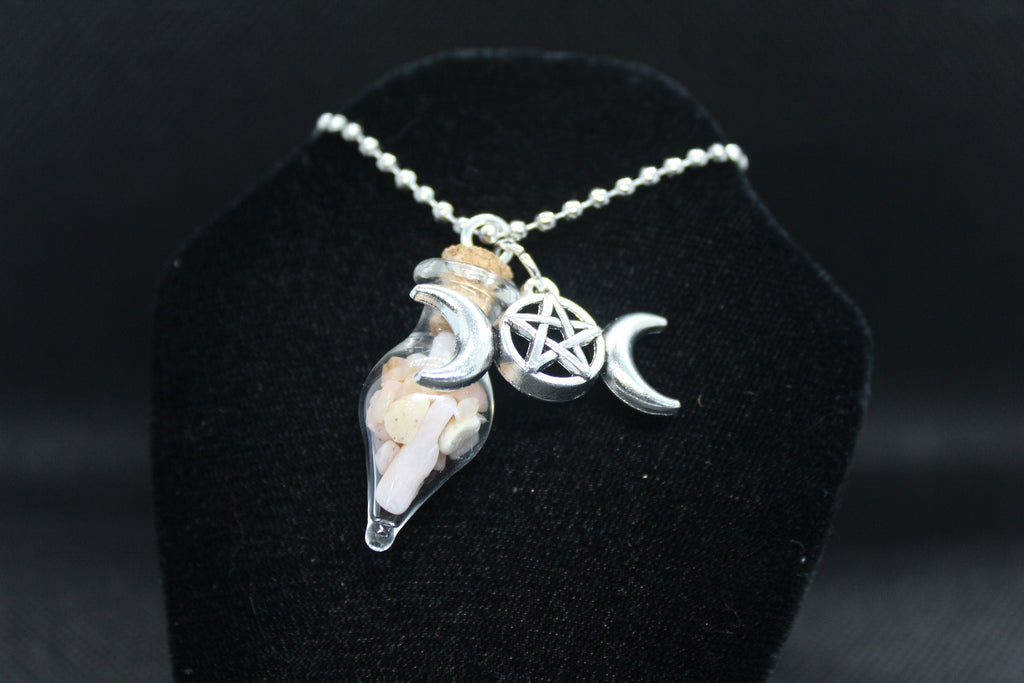 Pink Opal Glass Teardrop Triple Moon Necklace Crystal Witch Witchy Jewelry Witchcraft Wicca Wiccan Pagan Metaphysical