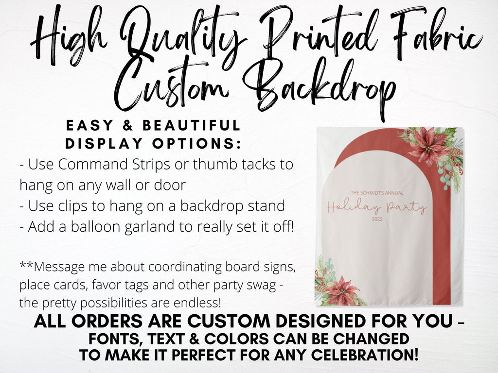 Floral Arch Custom Text Holiday Party Banner| Simple Boho Christmas Party Décor | Red and Green Party Backdrop for Balloon Garland | Logo