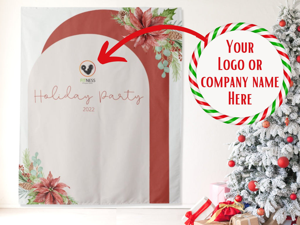 Floral Arch Custom Text Holiday Party Banner| Simple Boho Christmas Party Décor | Red and Green Party Backdrop for Balloon Garland | Logo