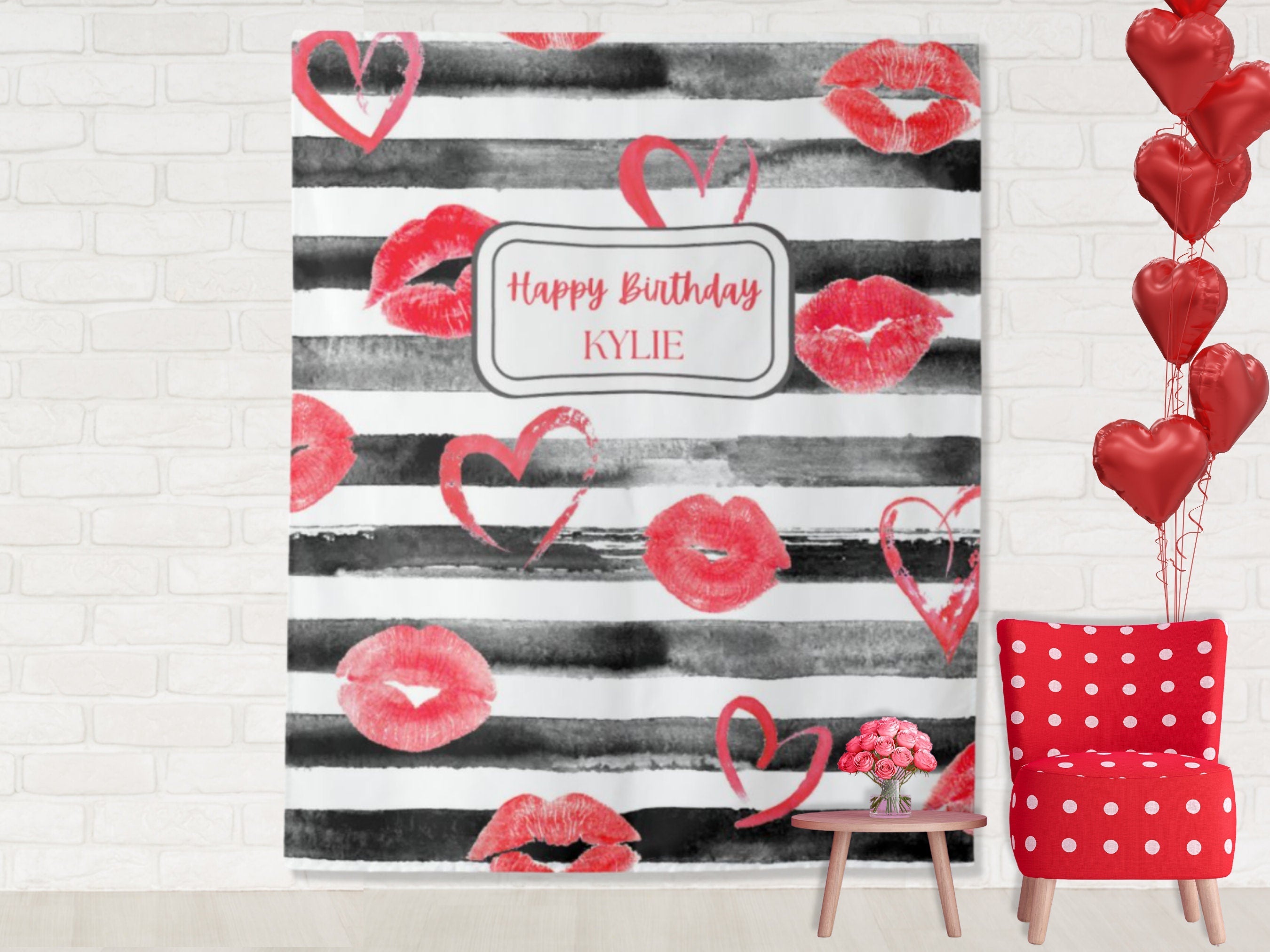 Black and White Watercolor with Red Lips Banner Backdrop