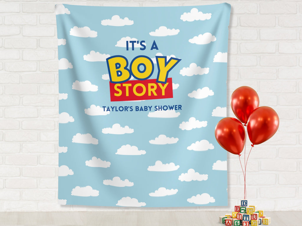 It's a Boy Story Custom Baby Shower Backdrop Banner, Custom Story Backdrop, Boy Shower Theme, Blue Cloud, Toy Classic Bright, Muted Colors