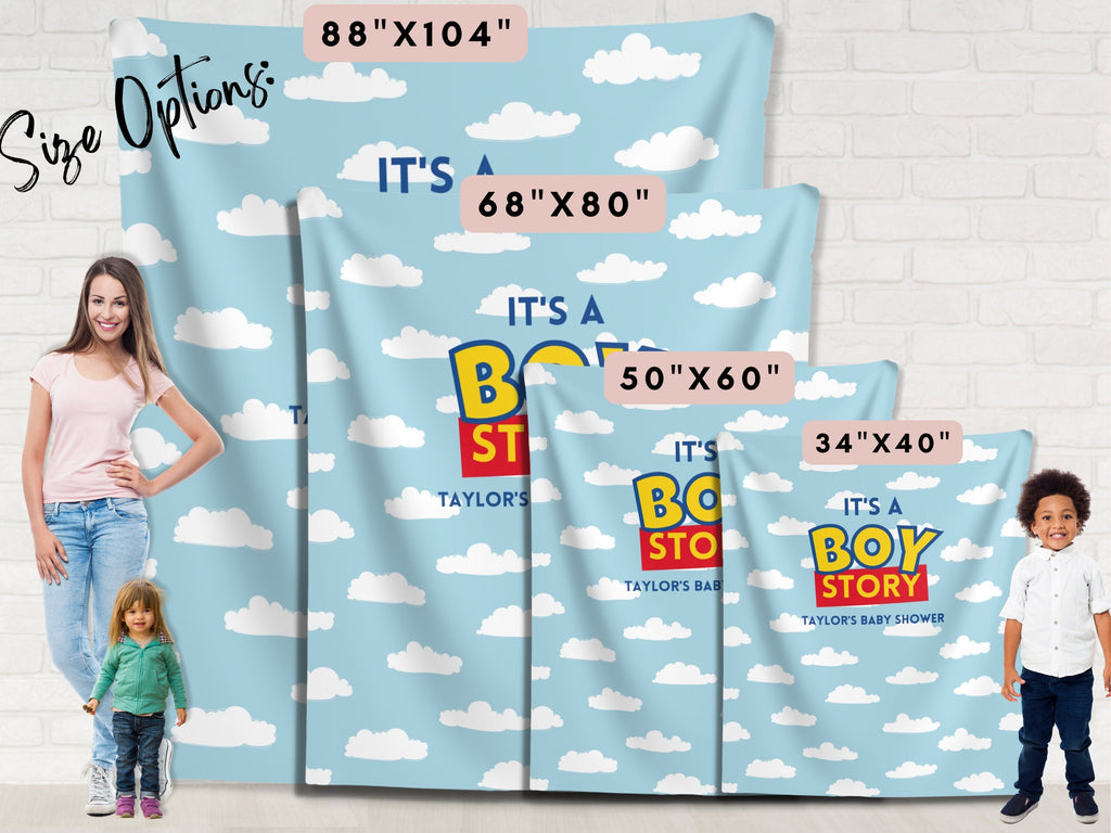 It's a Boy Story Custom Baby Shower Backdrop Banner, Custom Story Backdrop, Boy Shower Theme, Blue Cloud, Toy Classic Bright, Muted Colors