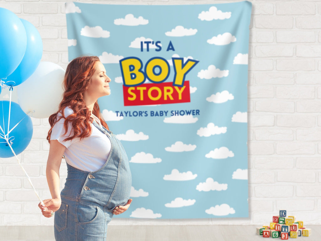 It's a Boy Story Custom Baby Shower Backdrop Banner, Custom Story Backdrop, Boy Shower Theme, Blue Cloud, Toy Classic Bright, Muted Colors