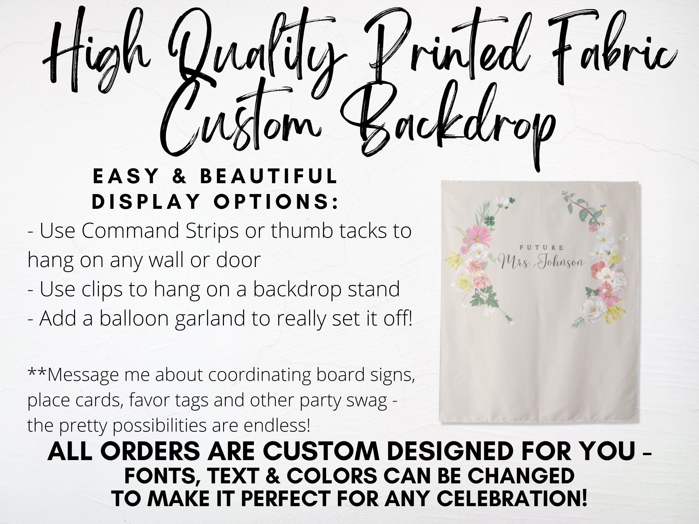 Spring Floral Wreath Custom Shower Backdrop | Personalized Engagement Party, Bridal Shower or Baby Shower Photo Booth
