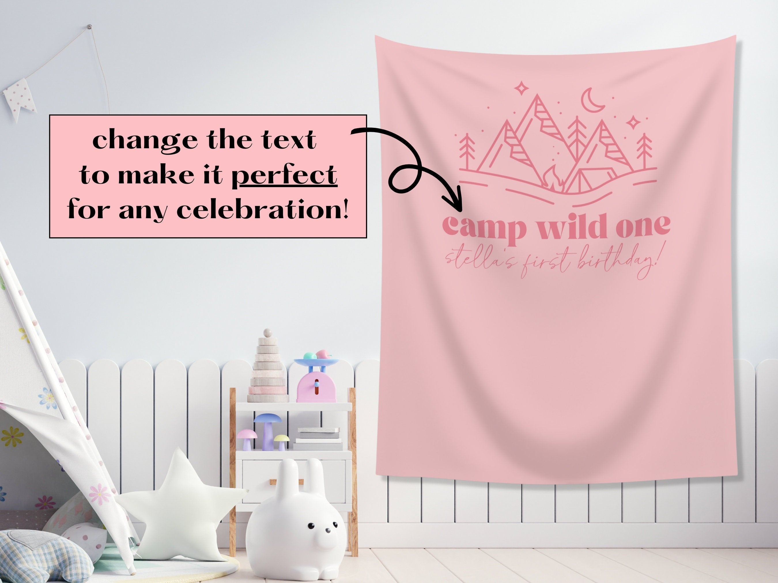 Modern Camp Bachelorette Party Custom Text Backdrop | Mountain Lake Bachelorette Party Personalized Banner