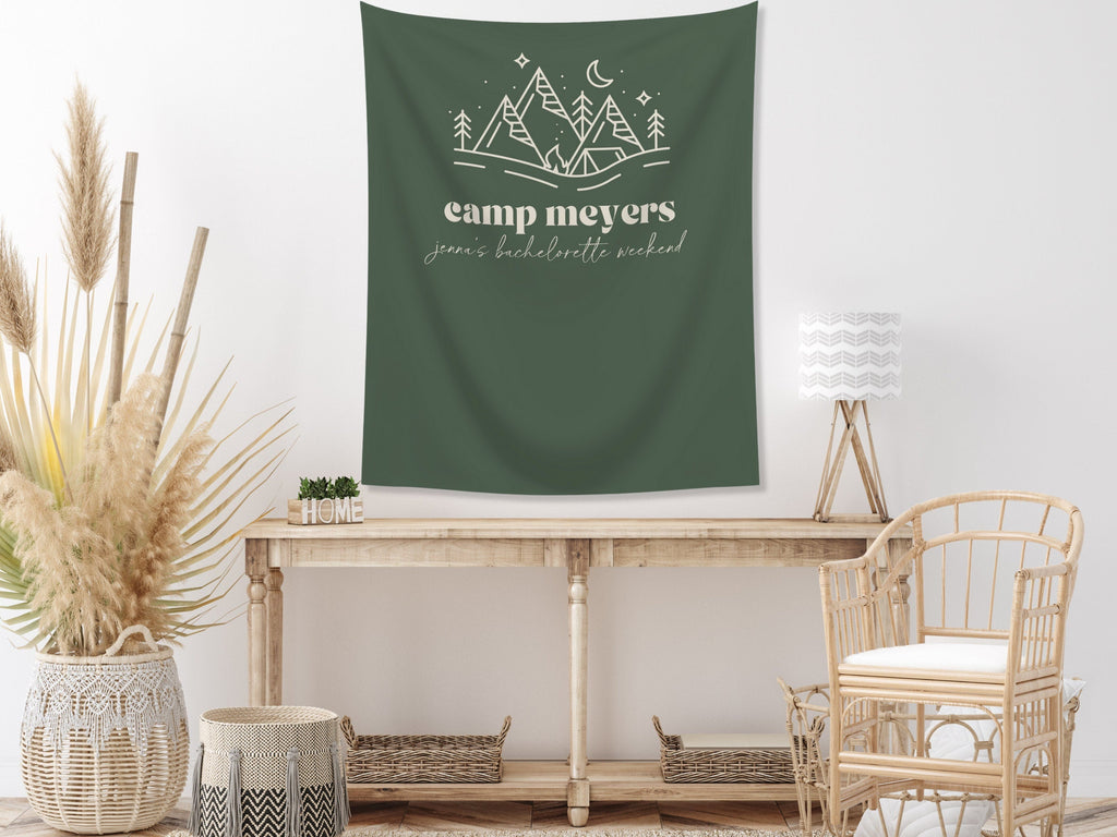 Modern Camp Bachelorette Party Custom Text Backdrop | Mountain Lake Bachelorette Party Personalized Banner