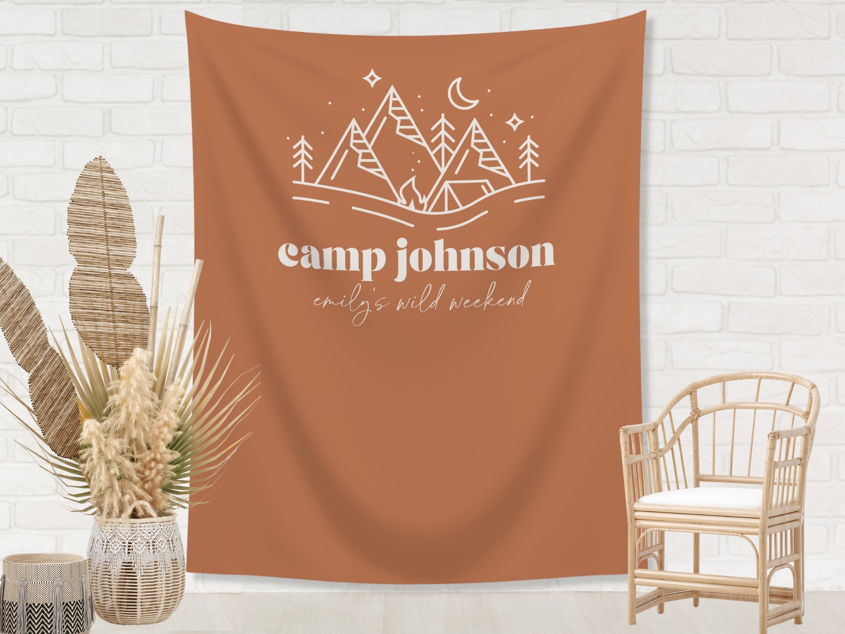 Modern Camp Bachelorette Party Custom Text Backdrop | Mountain Lake Bachelorette Party Personalized Banner