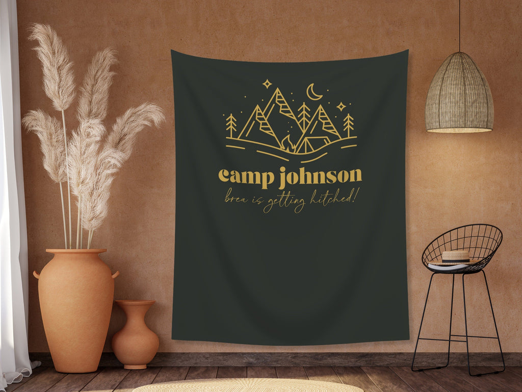Modern Camp Bachelorette Party Custom Text Backdrop | Mountain Lake Bachelorette Party Personalized Banner