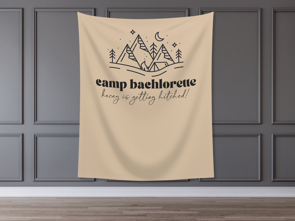 Modern Camp Bachelorette Party Custom Text Backdrop | Mountain Lake Bachelorette Party Personalized Banner