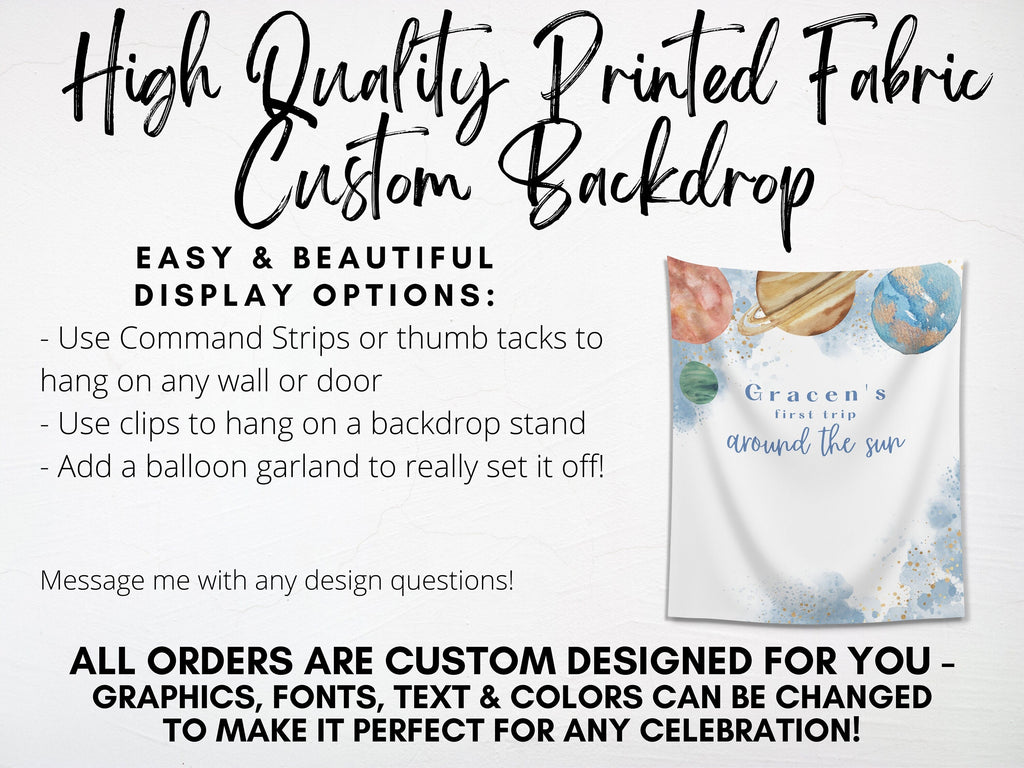 First Trip Around the Sun Personalized 1st Birthday Party Backdrop | Minimal Modern Space Planet Custom Party Banner