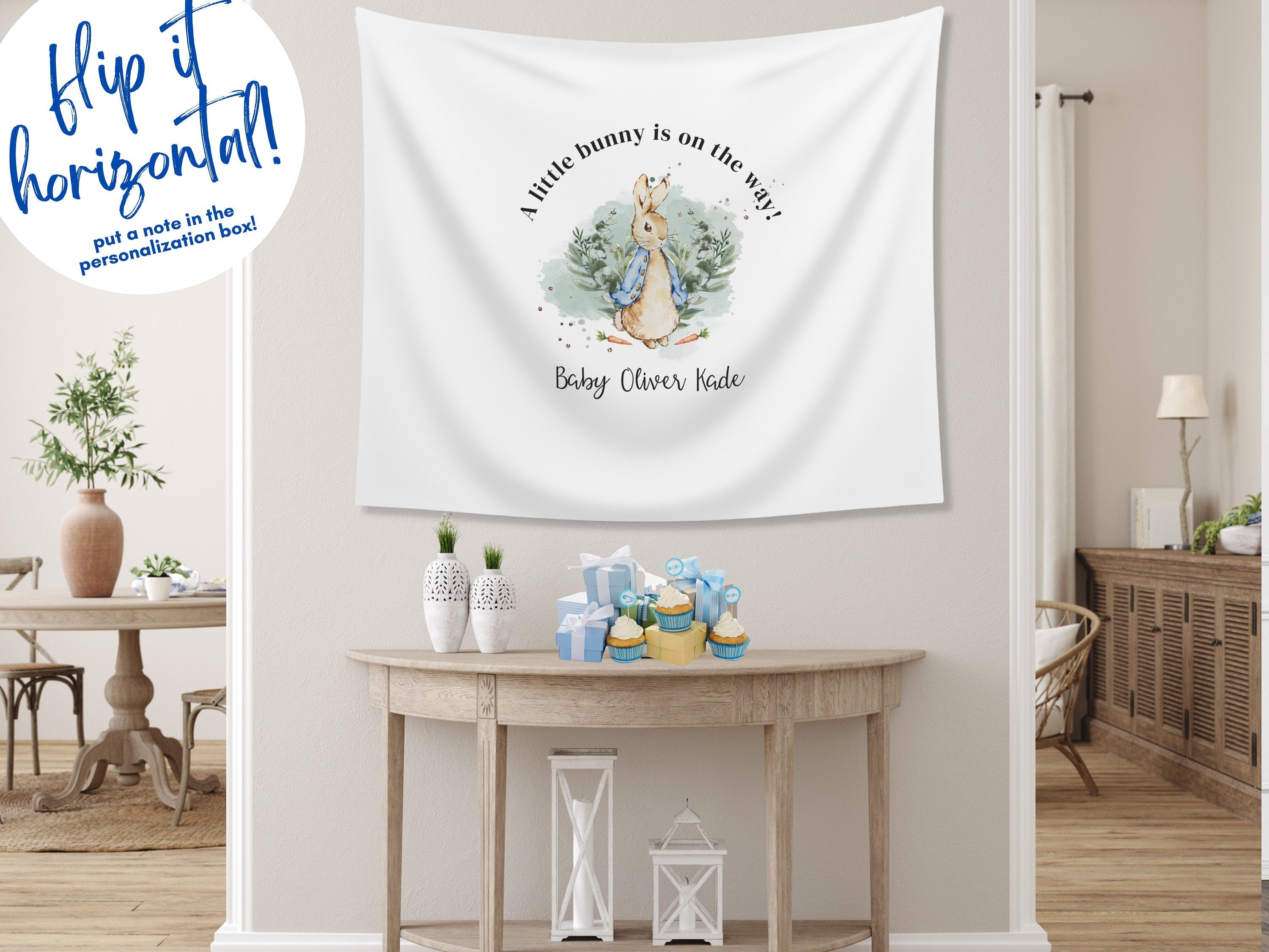 A Little Bunny Is On The Way Custom Peter Rabbit Backdrop | Personalized Bunny Boy or Girl Baby Shower Banner