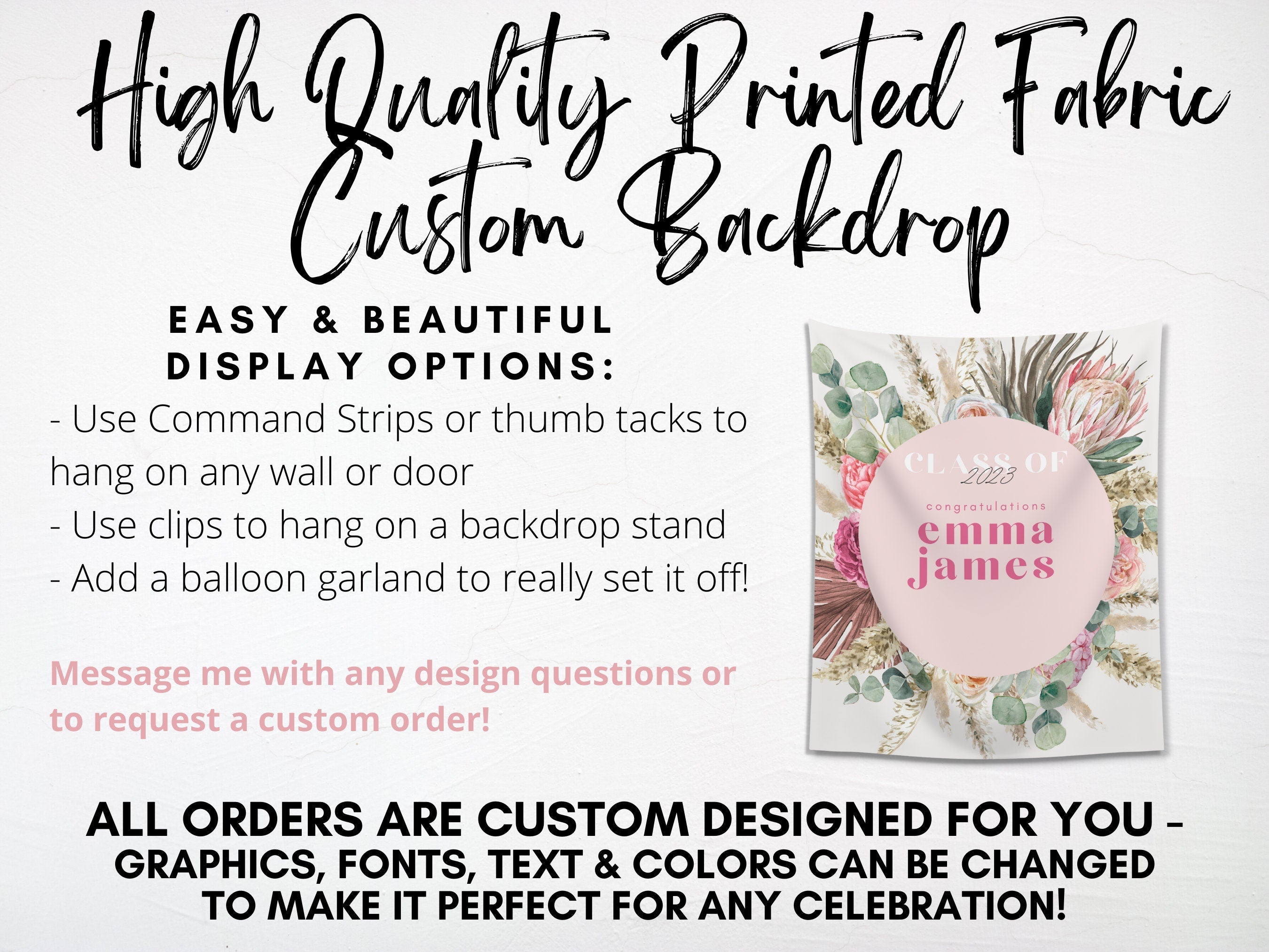 Boho Pink Floral Class of 2025 Custom Graduation Party Banner Backdrop