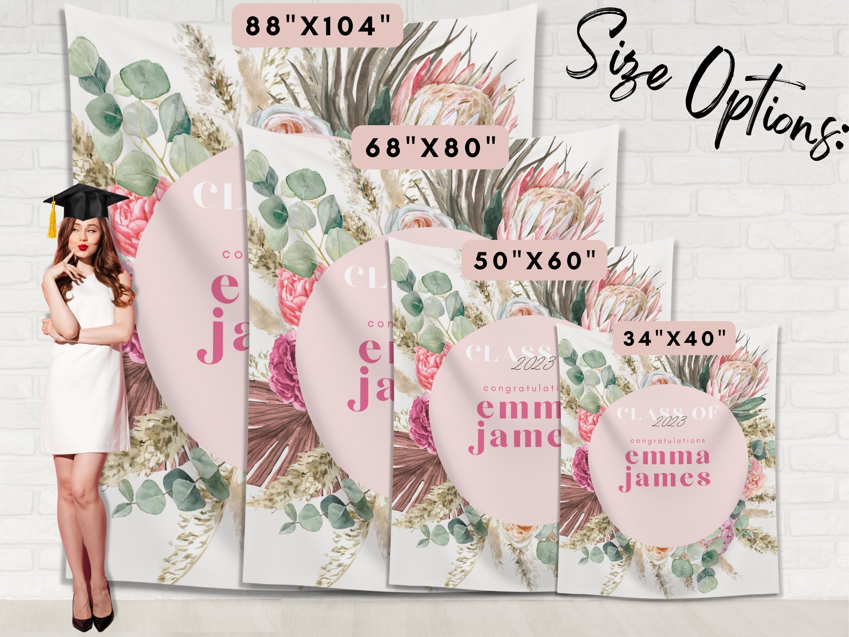 Boho Pink Floral Class of 2025 Custom Graduation Party Banner Backdrop