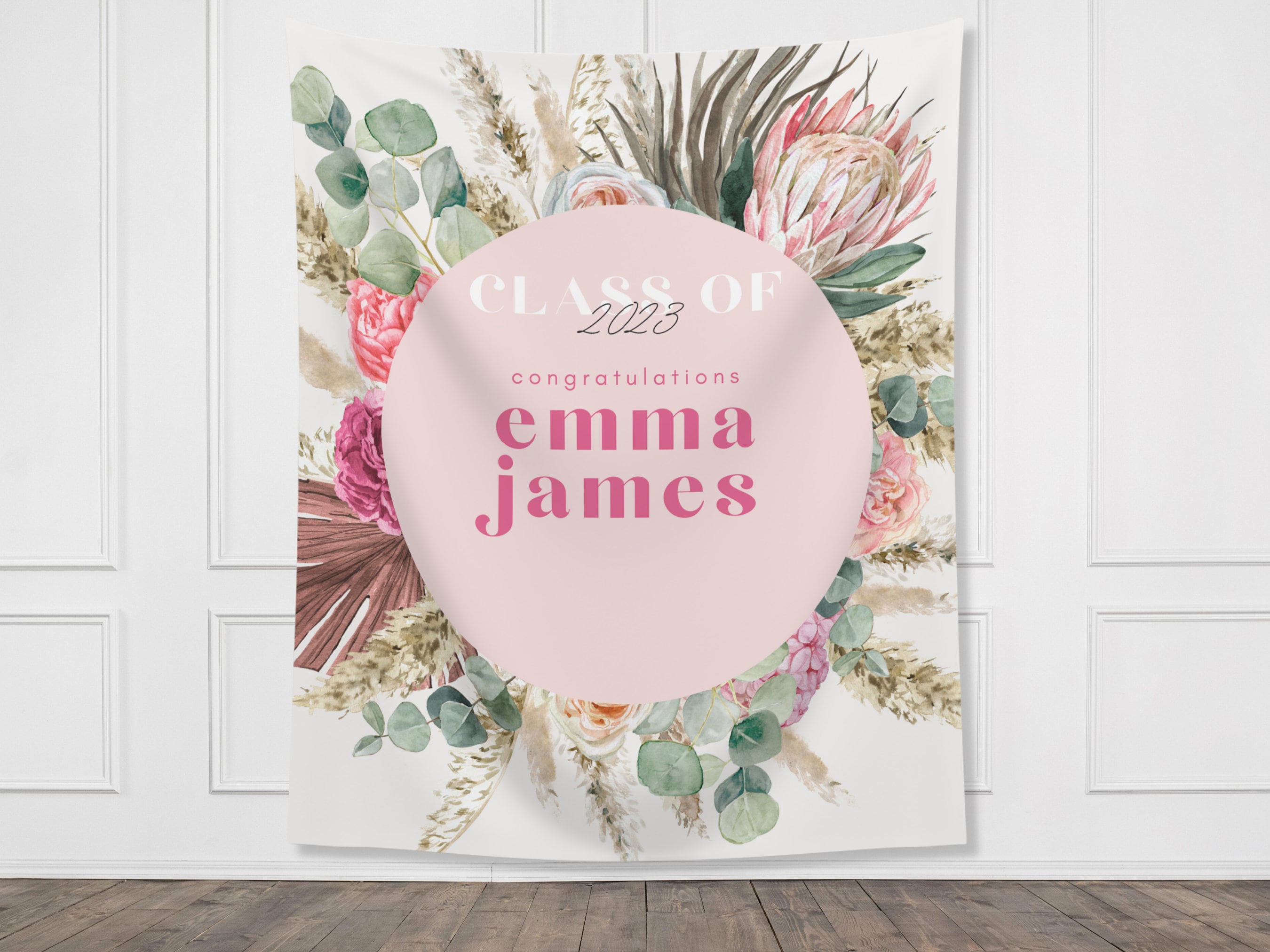 Boho Pink Floral Class of 2025 Custom Graduation Party Banner Backdrop