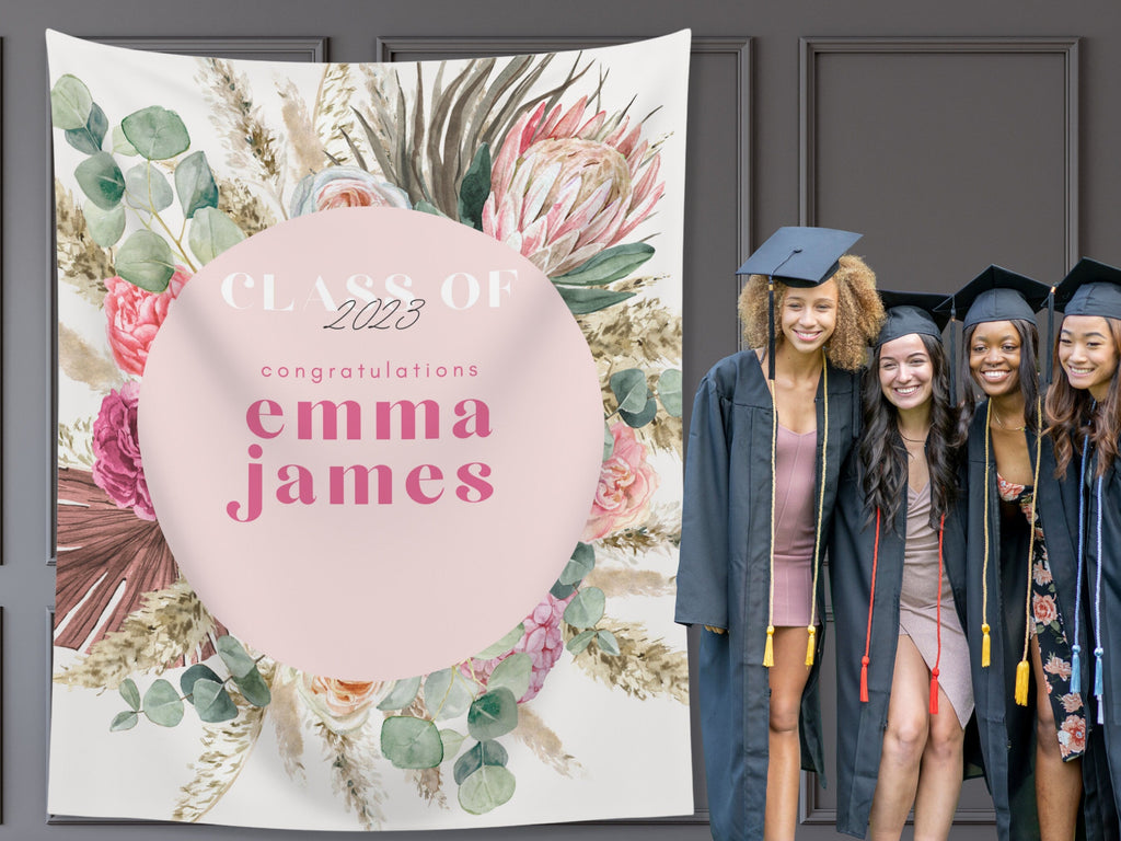 Boho Pink Floral Class of 2025 Custom Graduation Party Banner Backdrop