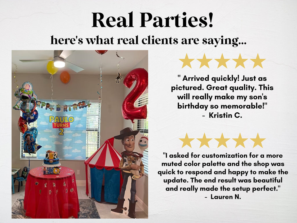 Custom Birthday Story Name Banner | Boy Birthday Party Theme | Wood or Cloud Background | Two Infinity and Beyond | Girl Toy Birthday Party