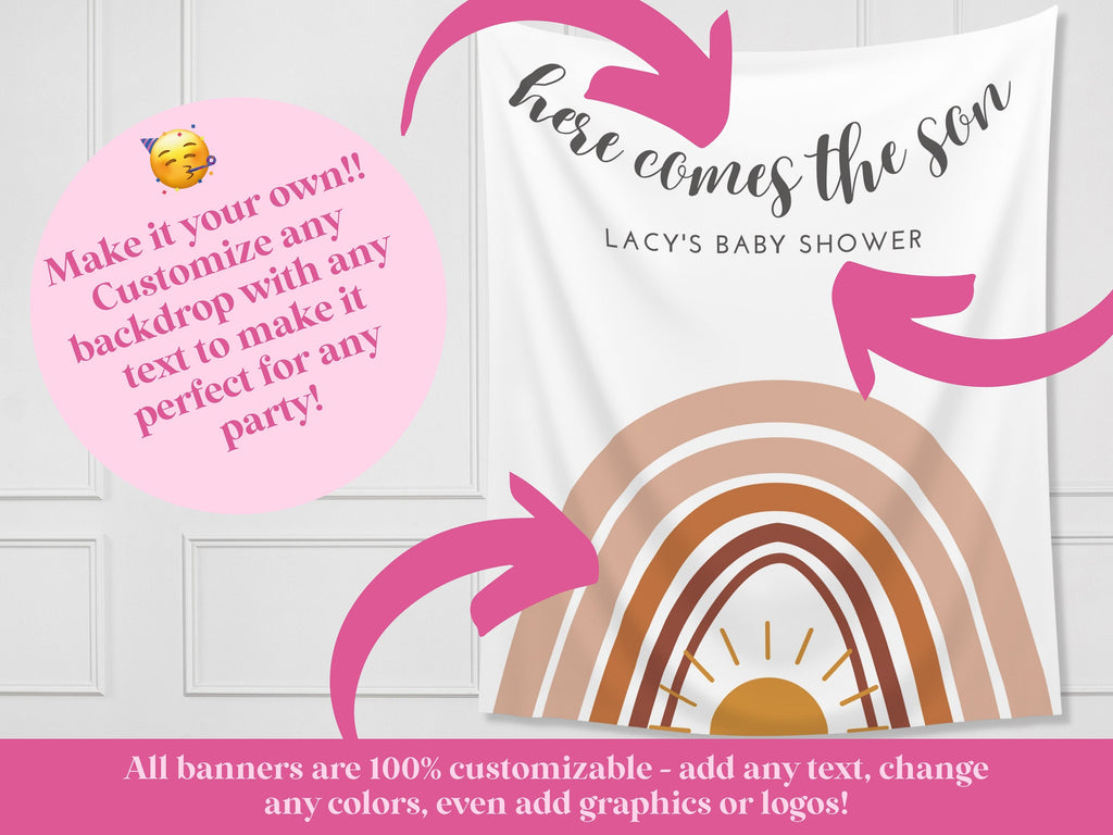Little Ray of Sunshine Personalized Baby Shower Backdrop | Custom Boho Rainbow Party Backdrop