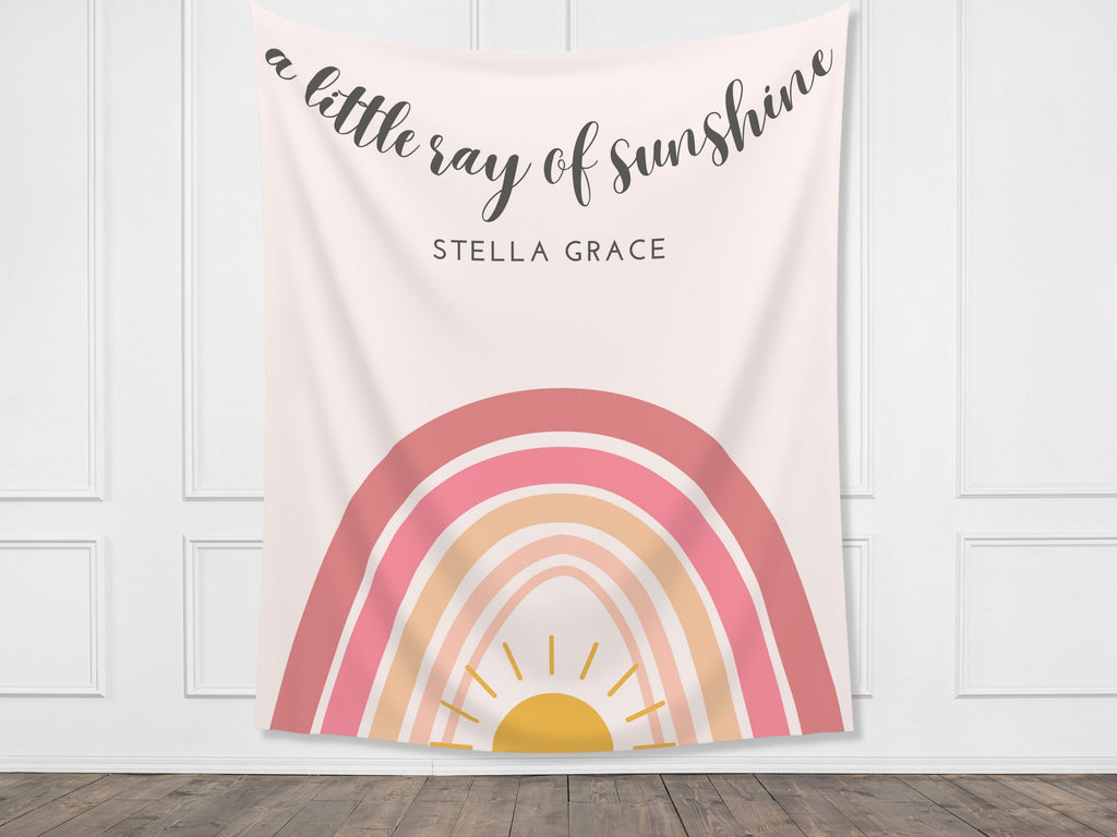 Little Ray of Sunshine Personalized Baby Shower Backdrop | Custom Boho Rainbow Party Backdrop