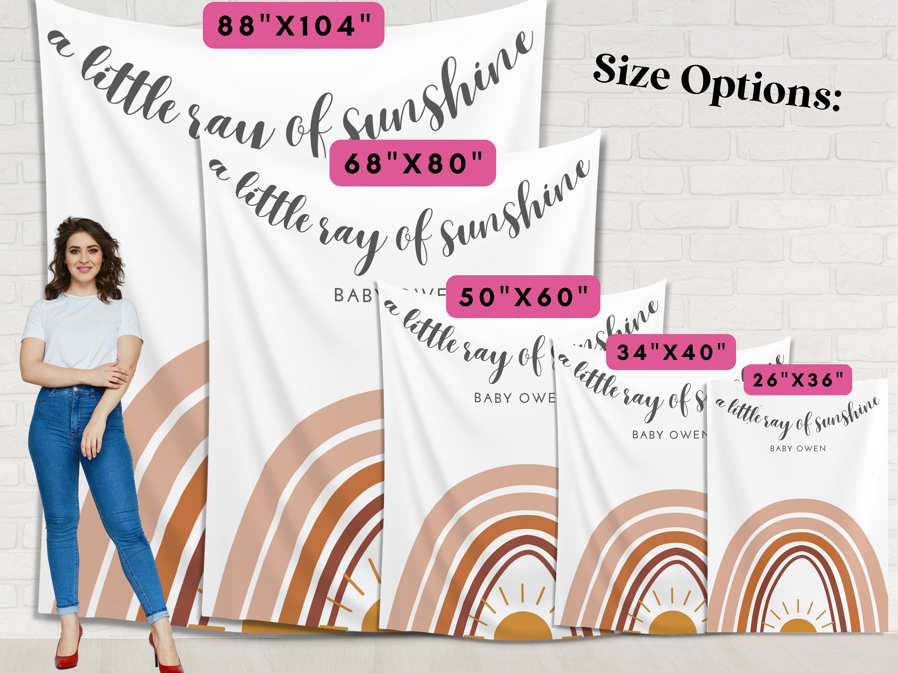 Little Ray of Sunshine Personalized Baby Shower Backdrop | Custom Boho Rainbow Party Backdrop