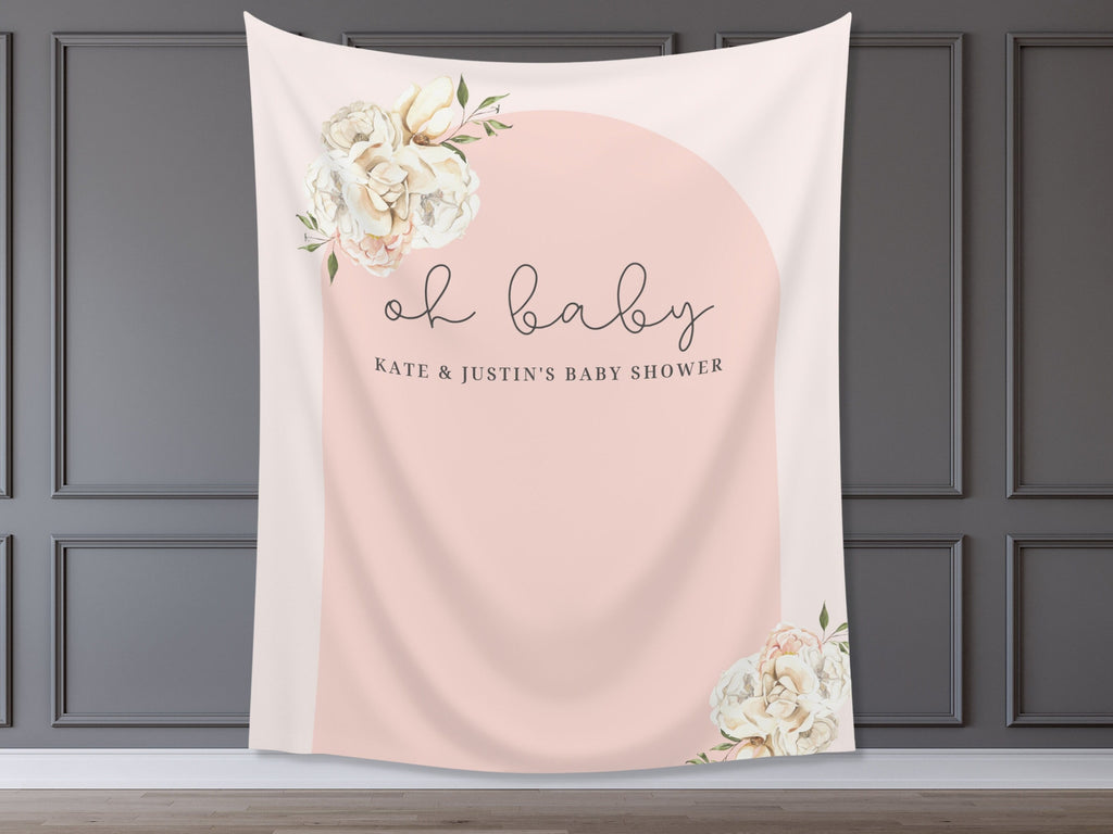 Boho Arch Floral Personalized Baby Shower Backdrop | Oh Baby Customizable Party Banner | Baby Shower Balloon Garland Décor