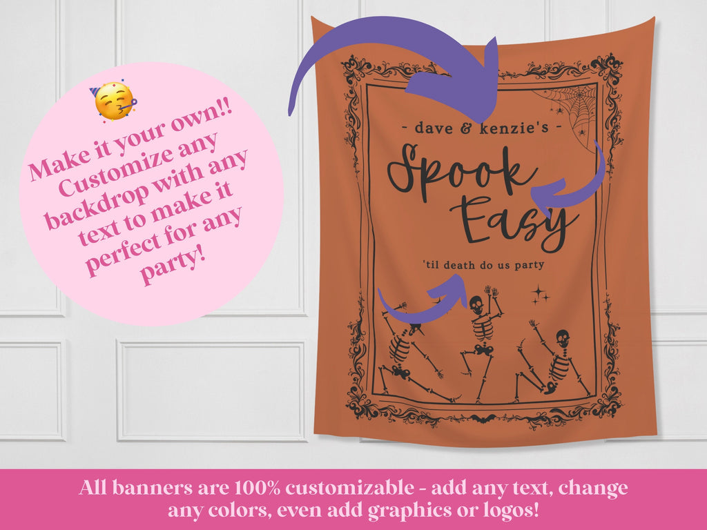 Spook Easy Custom Name Banner | Customizable Text Halloween Party Backdrop | Dancing Skeleton Birthday, Fall Festival, Business Shop Décor