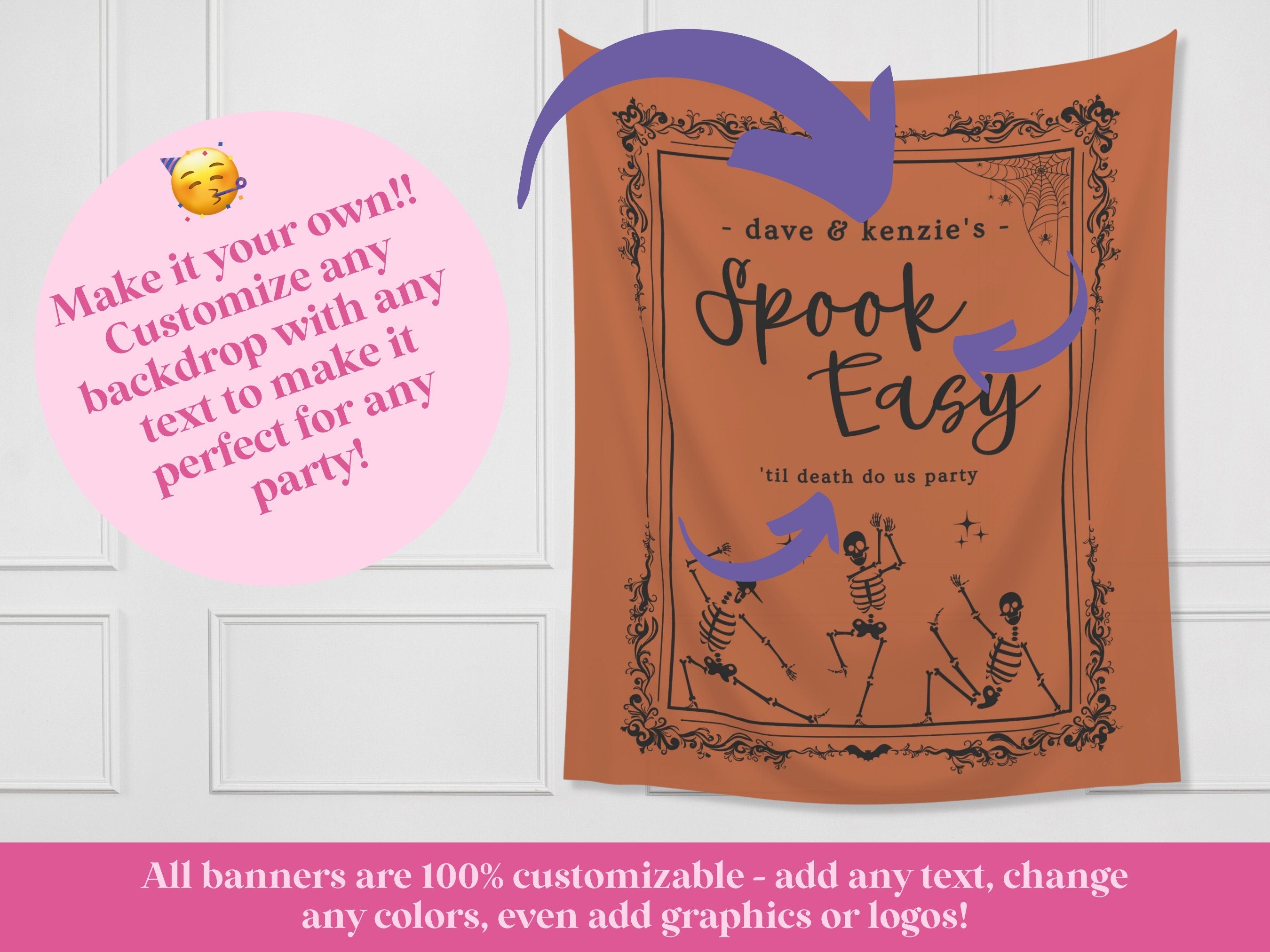 Spook Easy Custom Name Banner | Customizable Text Halloween Party Backdrop | Dancing Skeleton Birthday, Fall Festival, Business Shop Décor