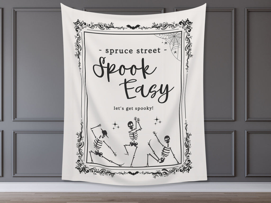 Spook Easy Custom Name Banner | Customizable Text Halloween Party Backdrop | Dancing Skeleton Birthday, Fall Festival, Business Shop Décor