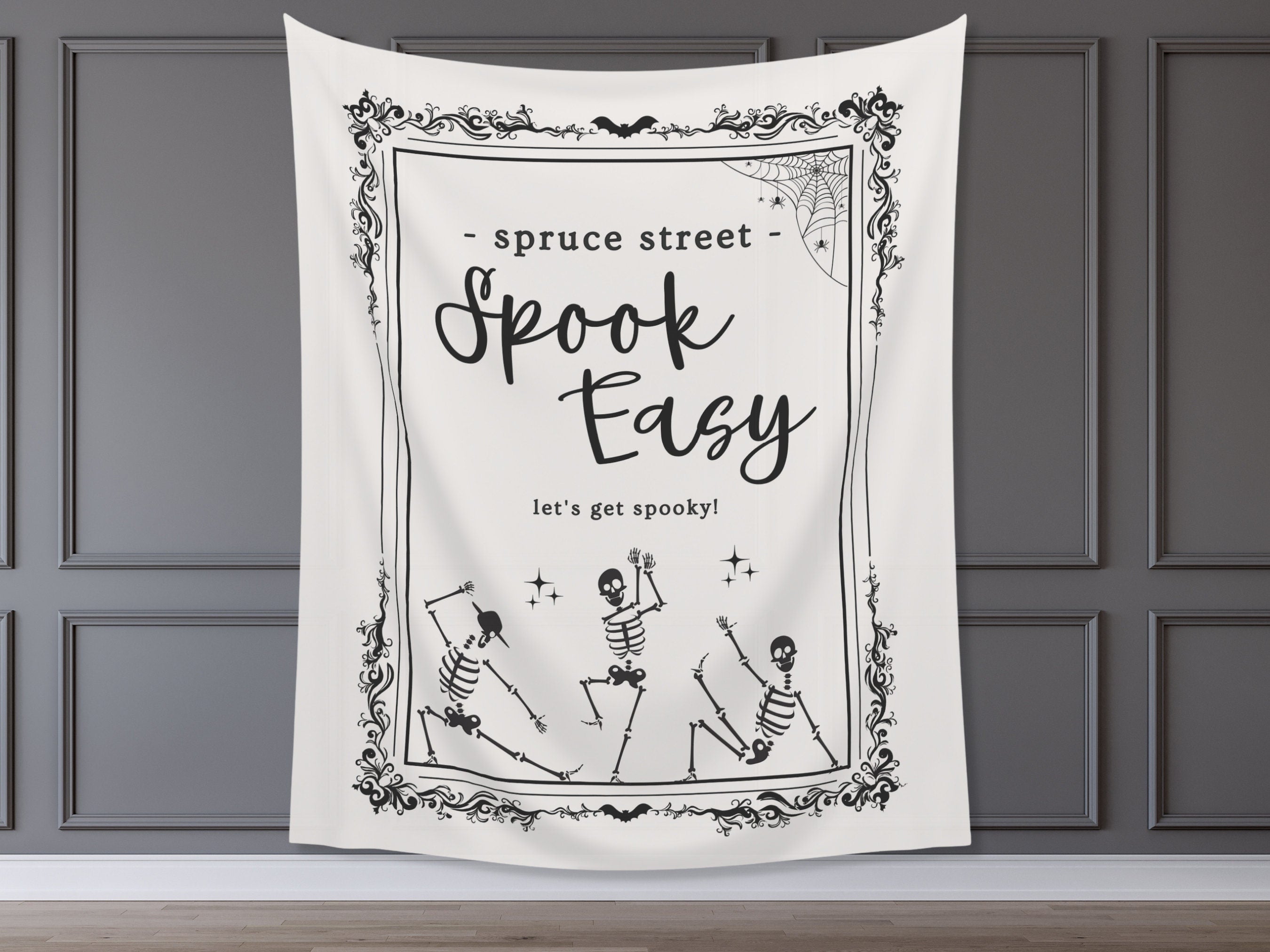 Spook Easy Custom Name Banner | Customizable Text Halloween Party Backdrop | Dancing Skeleton Birthday, Fall Festival, Business Shop Décor
