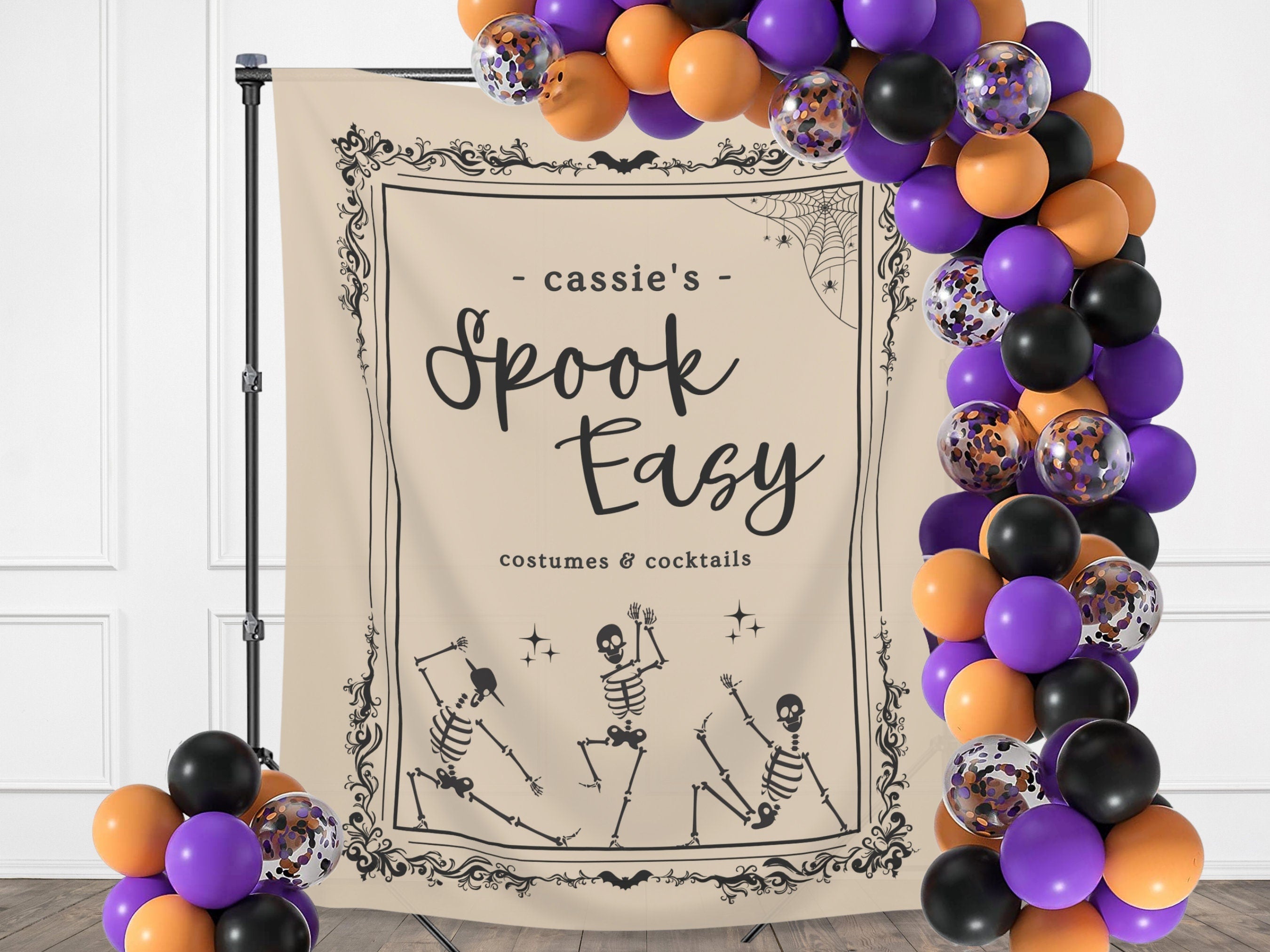 Spook Easy Custom Name Banner | Customizable Text Halloween Party Backdrop | Dancing Skeleton Birthday, Fall Festival, Business Shop Décor