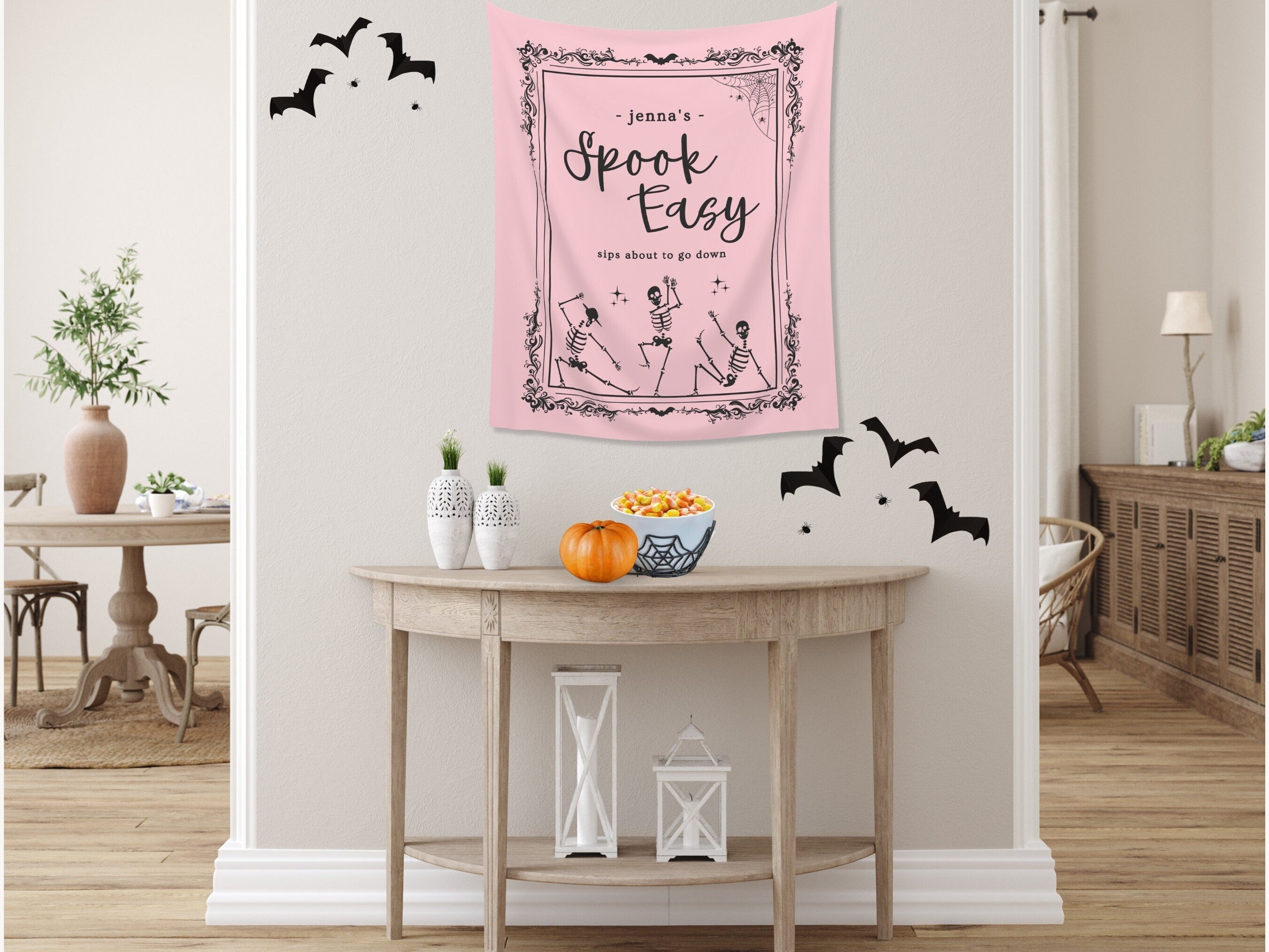 Spook Easy Custom Name Banner | Customizable Text Halloween Party Backdrop | Dancing Skeleton Birthday, Fall Festival, Business Shop Décor